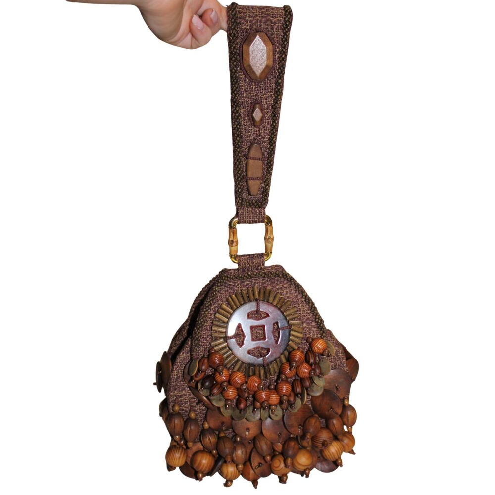Mary Frances Beaded Wood Fringe Wristlet Bag With COA